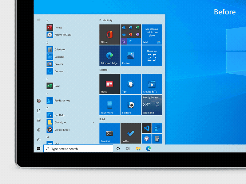 new windows 10 start menu before and after