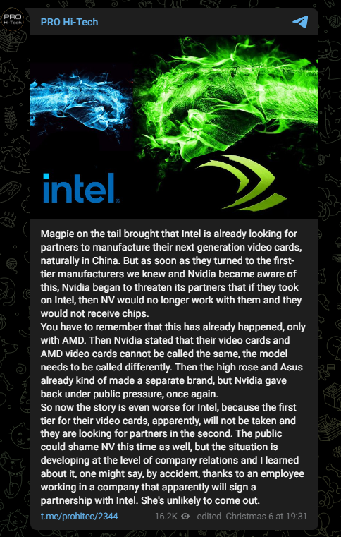 Pro Hi-tech on telegram about Nvidia vs Intel